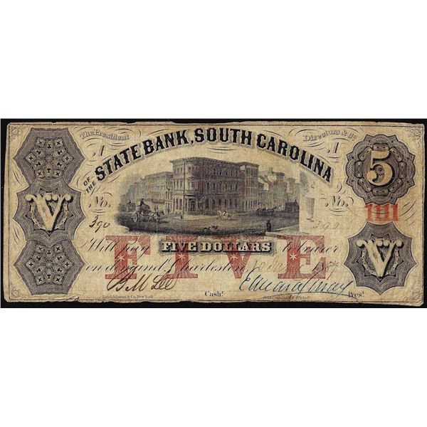 1859 $5  The State Bank of Charleston, South Carolina Obsolete Note