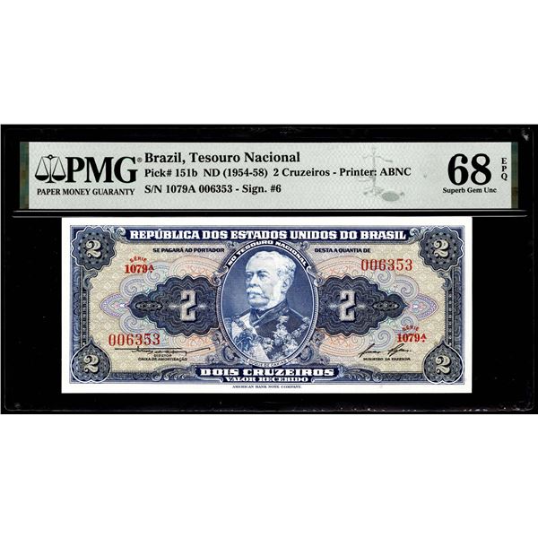 ND (1954-58) Brazil 2 Curzerios Tesouro Nacional Note PMG Superb Gem Uncirculated 68EPQ