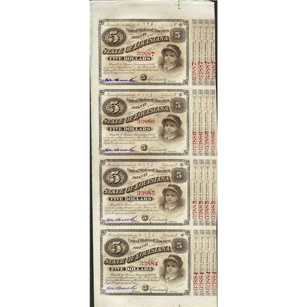 Uncut Sheet of (4) State of Louisiana Baby Bond Obsolete Notes