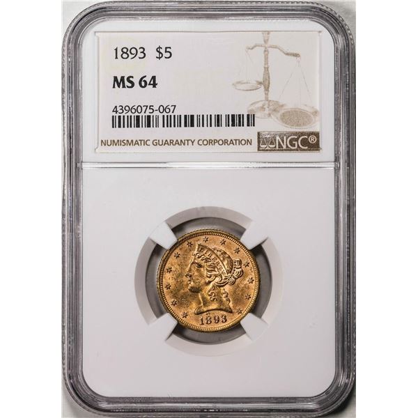 1893 $5 Liberty Head Half Eagle Gold Coin NGC MS64