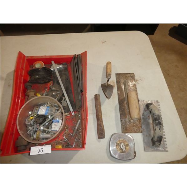 trowels, tape measure, chisel, misc screws/bolts/