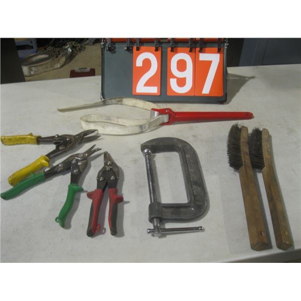 snips, c-clamp, wire brushes