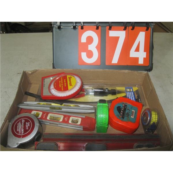levels, measuring tapes, angle meter, snap