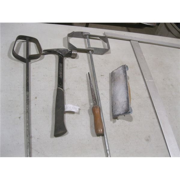 hammer, paint mixes, sander, saw, square