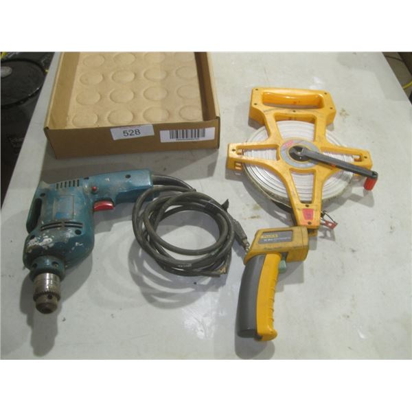 Makita drill, thermometer, 165'/50m tape measure