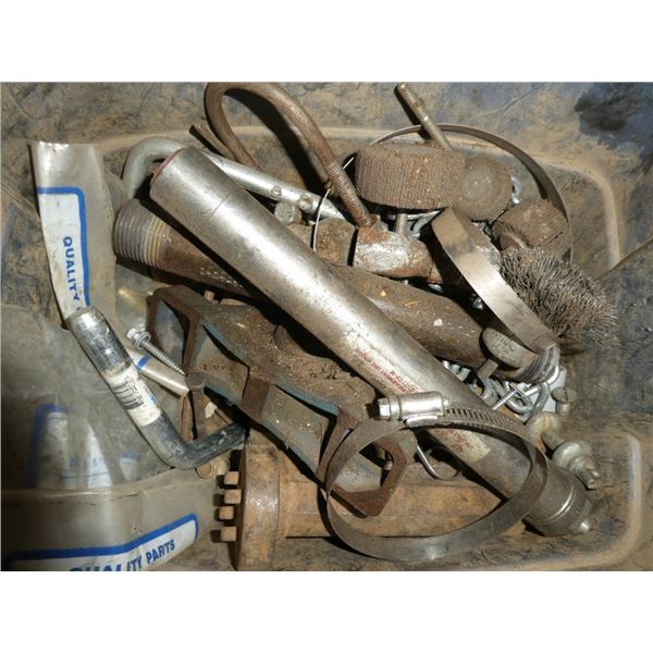 misc tools/parts: pipe, wire brush, bolts, chain,