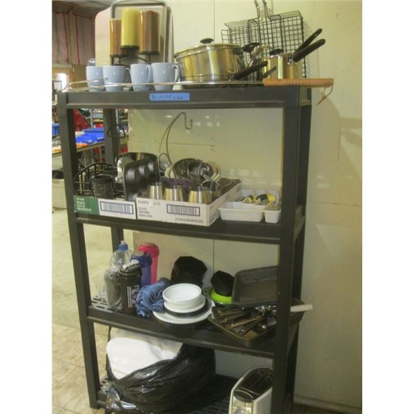 bowls, silverware, cups, muffin tins, mugs, pots,