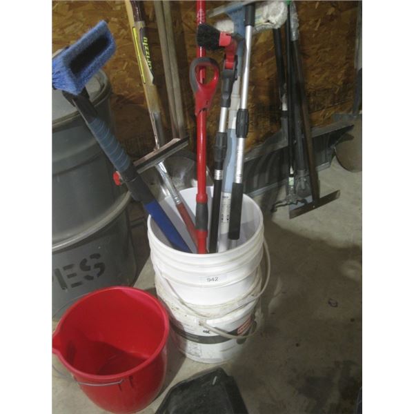 cleaning brushes, squeegies, 5 gallon buckets