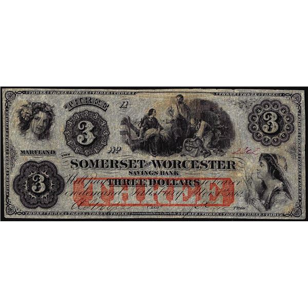 1862 $3 Somerset and Worcester Savings Bank Salisbury, MD Obsolete Note