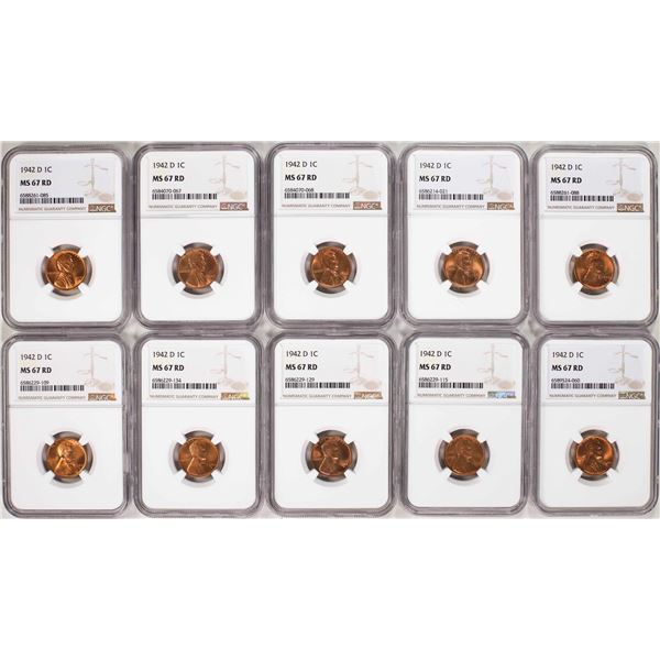 Lot of (10) 1942-D Lincoln Wheat Cent Coins NGC MS67RD