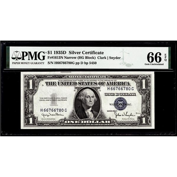 1935D $1 Silver Certificate Note Fr.1613N Narrow PMG Gem Uncirculated 66EPQ