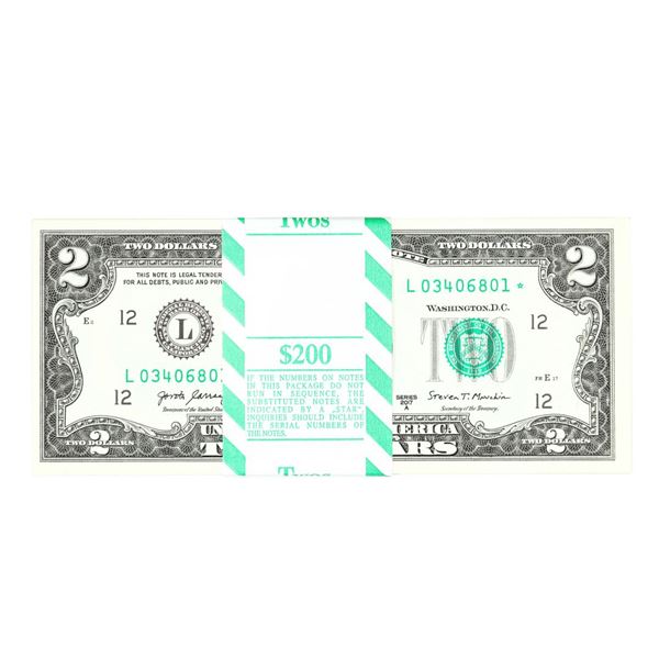 Pack of (100) Consecutive 2017A $2 Federal Reserve Star Notes San Francisco