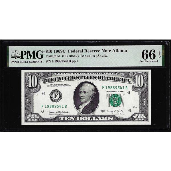 1969C $10 Federal Reserve Note Atlanta Fr.2021-F PMG Gem Uncirculated 66EPQ
