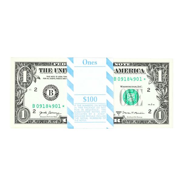 Pack of (100) Consecutive 2017A $1 Federal Reserve STAR Notes New York