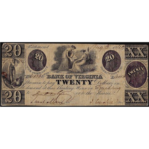 1860 $20 Bank of Virginia Richmond, VA Obsolete Note
