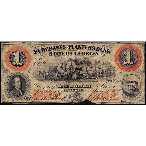 1859 $1 Merchants & Planters Bank Savannah, Georgia Obsolete Note