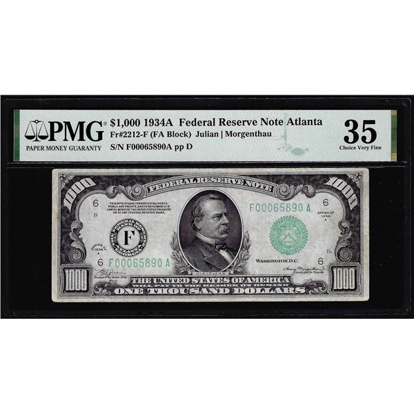 1934A $1,000 Federal Reserve Note Atlanta Fr.2212-F PMG Choice Very Fine 35