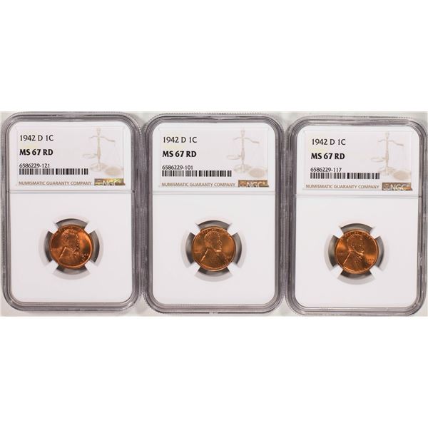 Lot of (3) 1942-D Lincoln Wheat Cent Coins NGC MS67RD