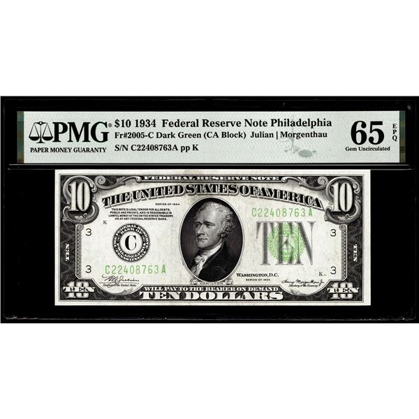 1934 $10 Federal Reserve Note Philadelphia Fr.2005-C PMG Gem Uncirculated 65EPQ