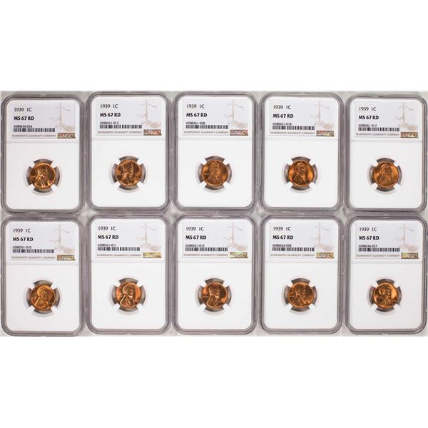 Lot of (10) 1939 Lincoln Wheat Cent Coins NGC MS67RD