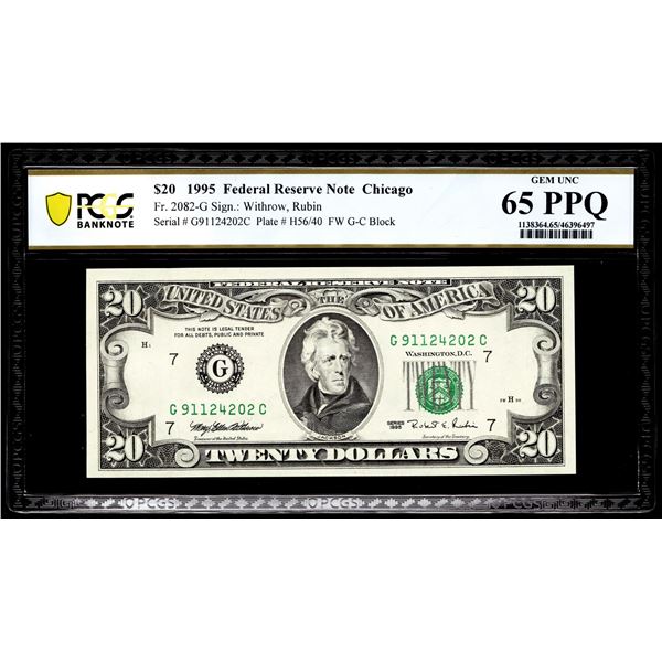 1995 $20 Federal Reserve Note Chicago Fr.2082-G PCGS Gem Uncirculated 65PPQ