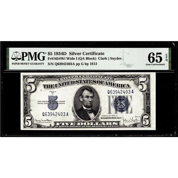 1934D $5 Silver Certificate Note Fr.1654Wi Wide I PMG Gem Uncirculated 65EPQ