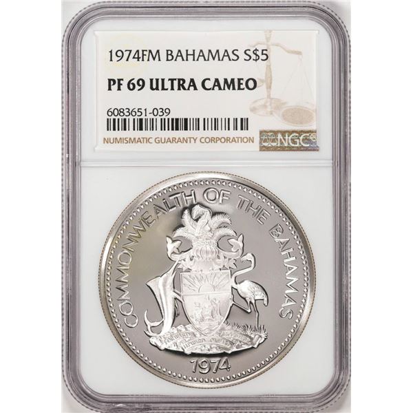 1974FM Bahamas $5 Proof Commonwealth Silver Coin NGC PF69 Ultra Cameo