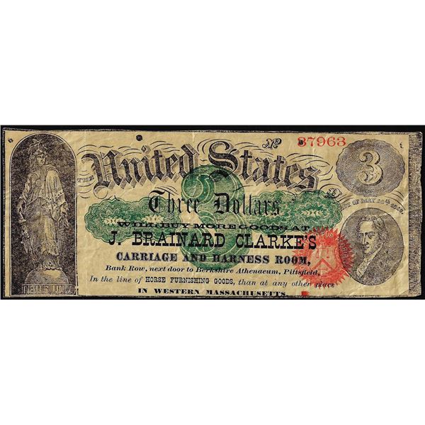 1869 $3 J. Brainard Clarke's Advertising Note Pittsfield, Massachusetts
