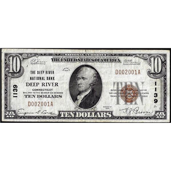 1929 $10 National Bank Deep River, Connecticut CH# 1139 National Currency Note