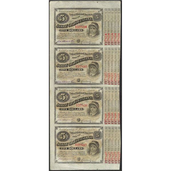 Uncut Sheet of (4) State of Louisiana Baby Bond Obsolete Notes