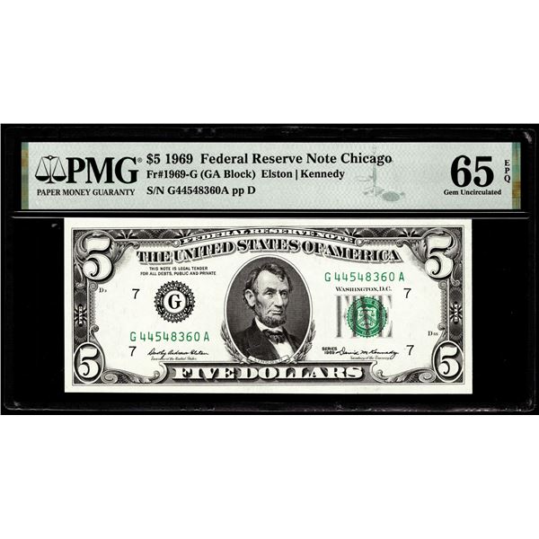 1969 $5 Federal Reserve Note Chicago Fr.1969-G PMG Gem Uncirculated 65EPQ