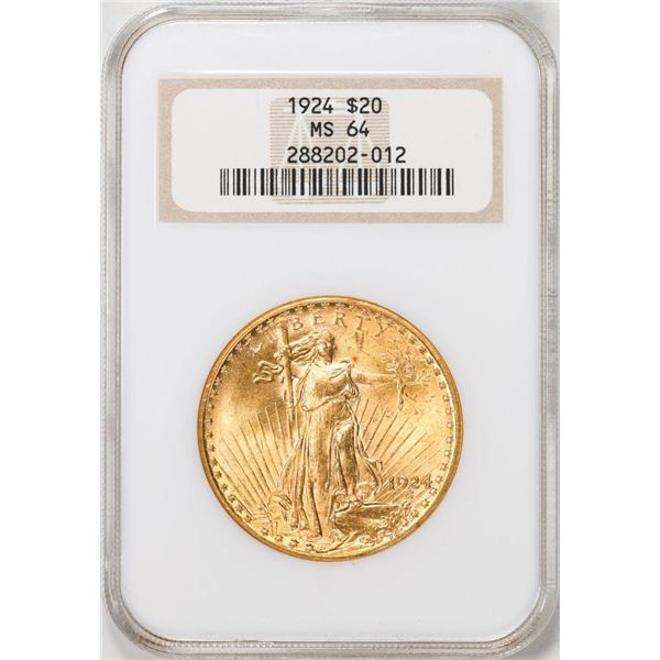 1924 $20 St. Gaudens Double Eagle Gold Coin NGC MS64