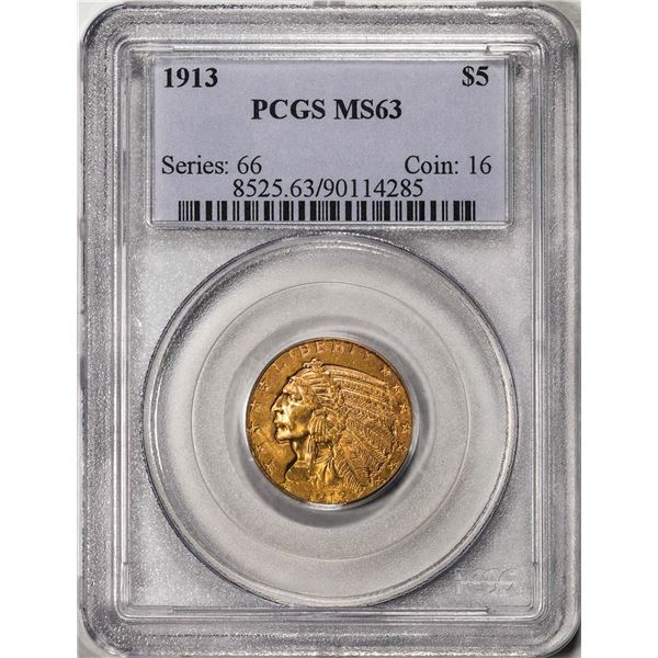 1913 $5 Indian Head Half Eagle Gold Coin PCGS MS63