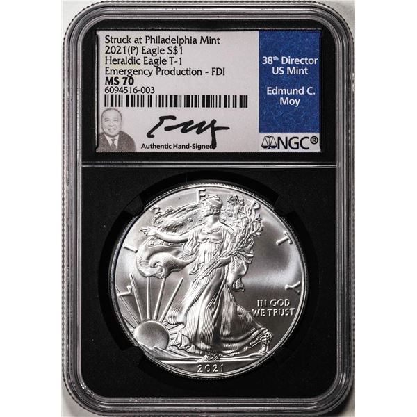 2021(P) Type 1 $1 American Silver Eagle Coin NGC MS70 FDI W/Edmund C. Moy Signature
