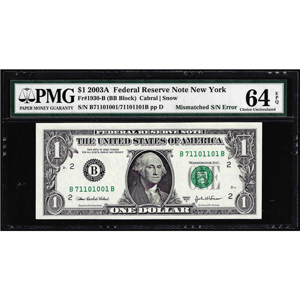 2003A $1 Federal Reserve Note Mismatched Serial Number Error PMG Ch. Uncirculated 64EPQ