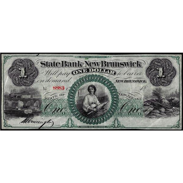 1800's $1 State Bank New Brunswick, New Jersey Obsolete Note