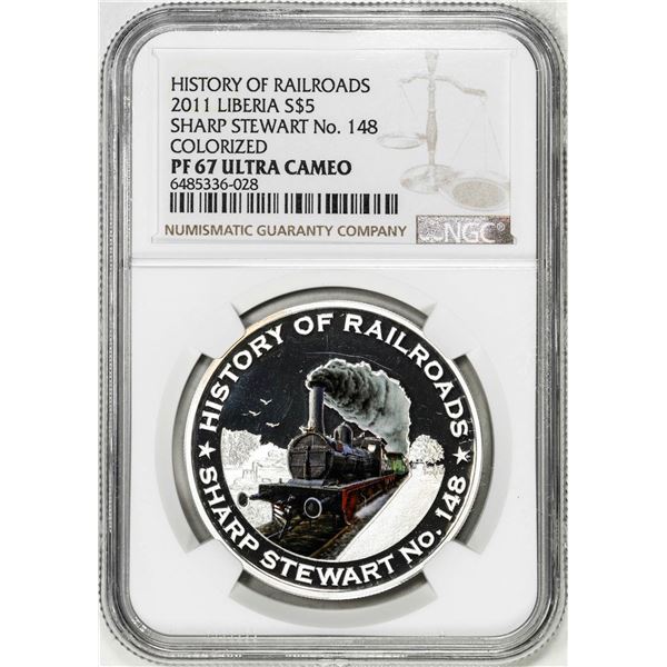 2011 Liberia $5 History of Railroads Sharp Stewart Silver Coin NGC PF67 Ultra Cameo