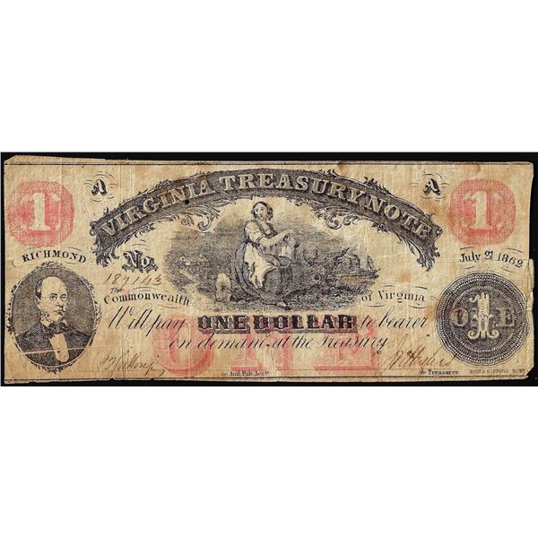 1862 $1 Virginia Treasury Obsolete Note