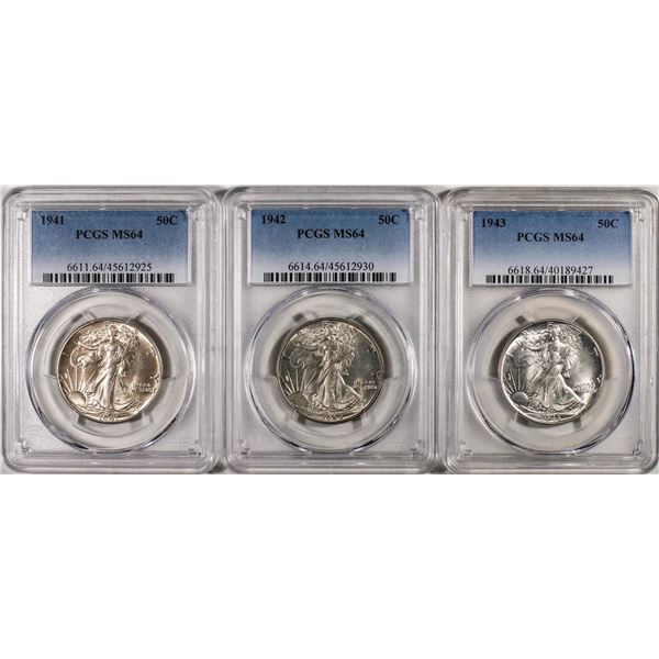 Lot of 1941-1943 Walking Liberty Half Dollar Coins PCGS MS64