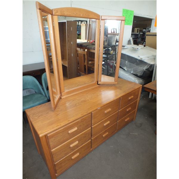 Oak Front 9 Drawer Dresser w/ Bi- Fold Mirror