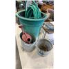 Image 1 : LOT OF PLANTERS, WATER HOSE, WATERING CAN, STAND AND PAIL