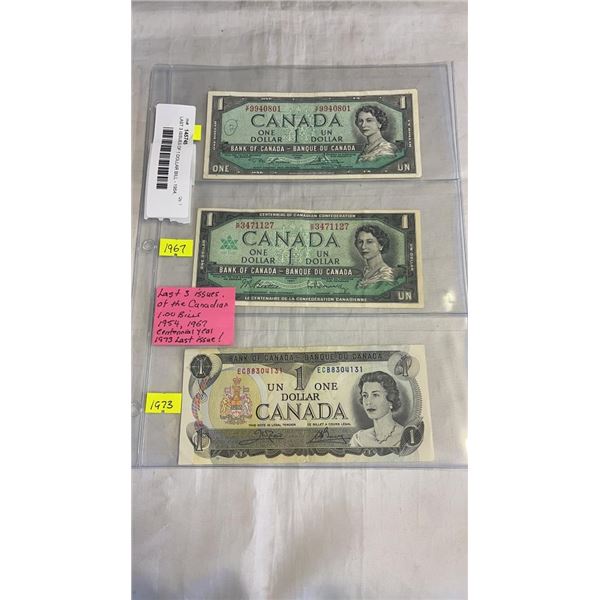 LAST 3 ISSUES OF 1 DOLLAR BILL - 1954, 1967, 1973