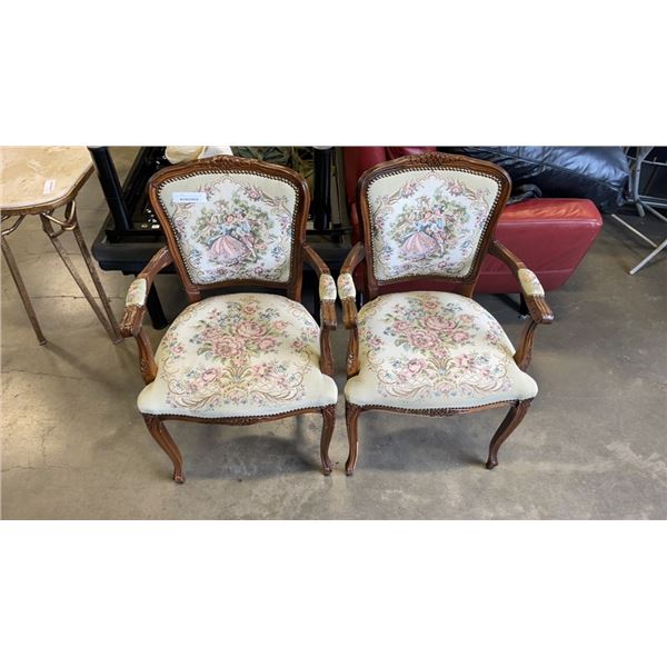 PAIR OF MID CENTURY EMBROIDERED ARM CHAIRS