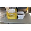 Image 1 : CRATE OF DISHES AND TUB OF FORKS