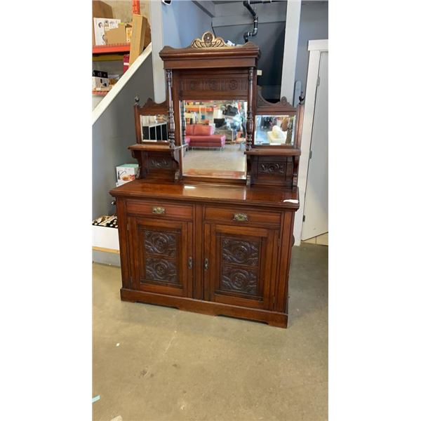 ANTIQUE DOVETAILED SERVING CABINET WITH BEVELLED MIRROR GALLERY