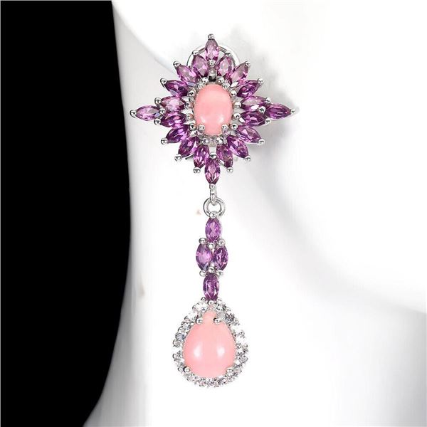 Natural Ethiopian Pink Opal Rhodolite White Topaz Earrings