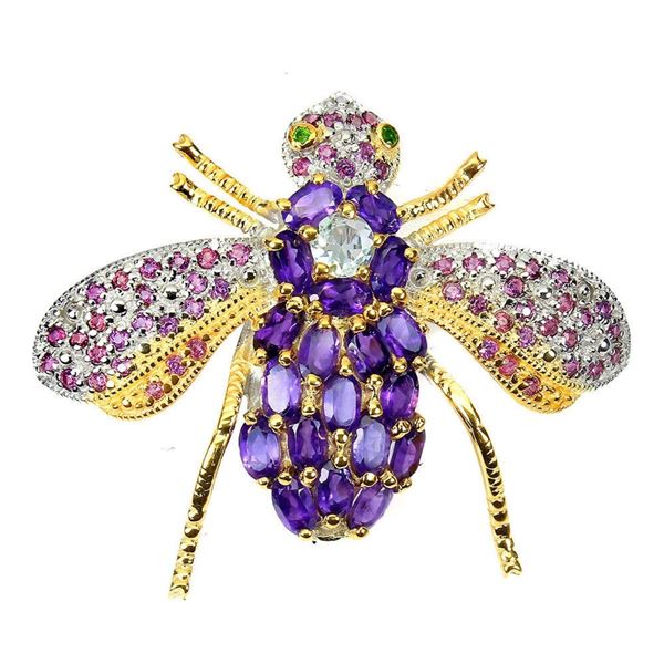 Natural Amethyst Chrome Diopside Bee Brooch