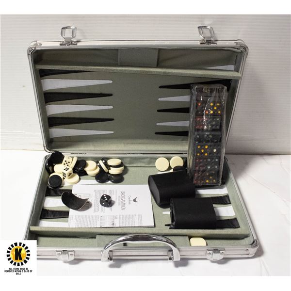 BACKGAMMMON IN METAL STYLE BRIEFCASE WITH SET OF