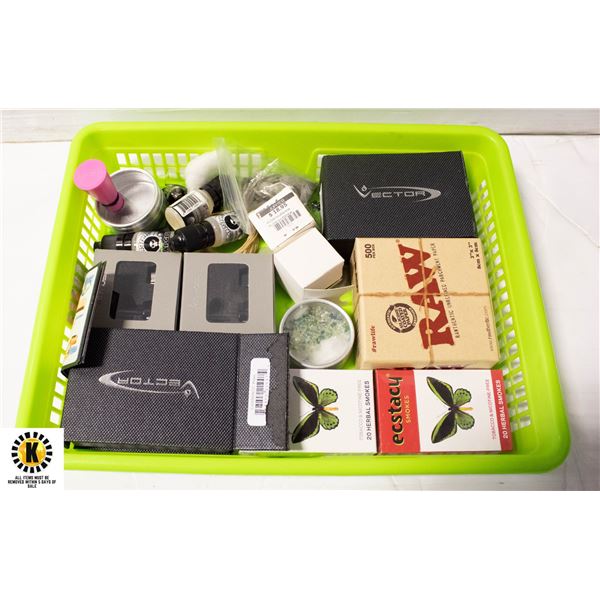 BASKET OF MISC SMOKERS ACCESSORIES