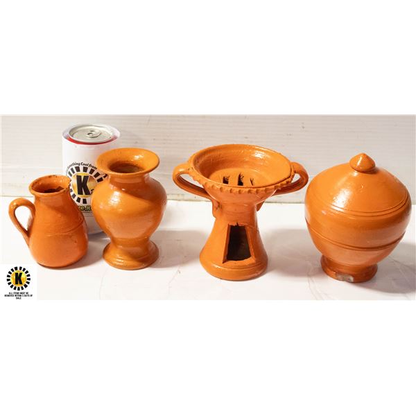 4 ORANGE PAINTED CLAY SAUSAGE GRILL WITH MATCHING